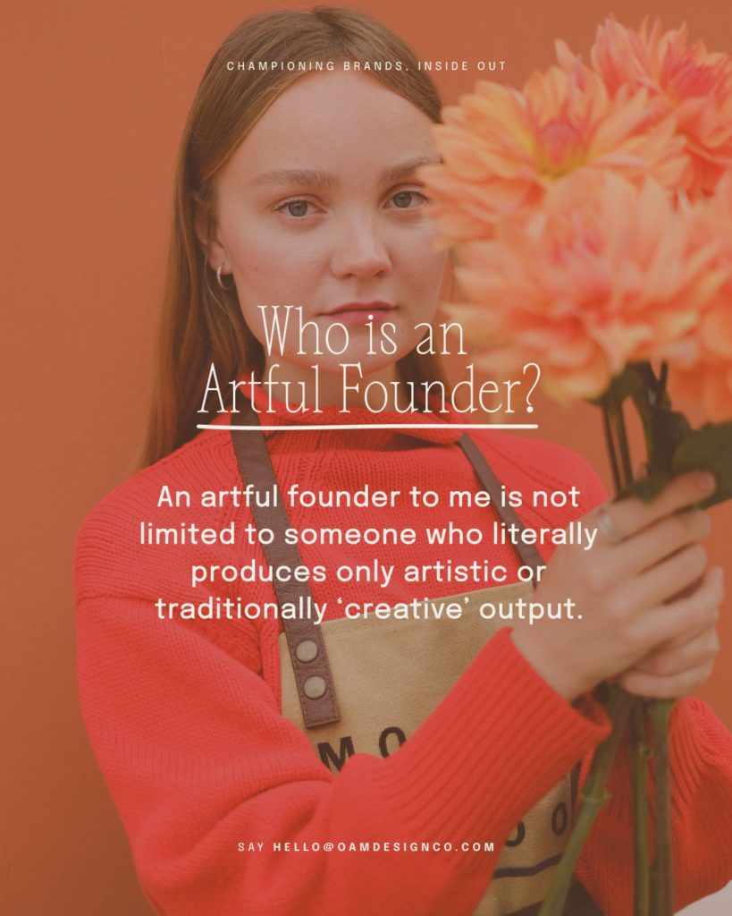 A creative business leader holding a flower, with the words 'Who is an Artful Founder' asked as a question, with the answer below it.