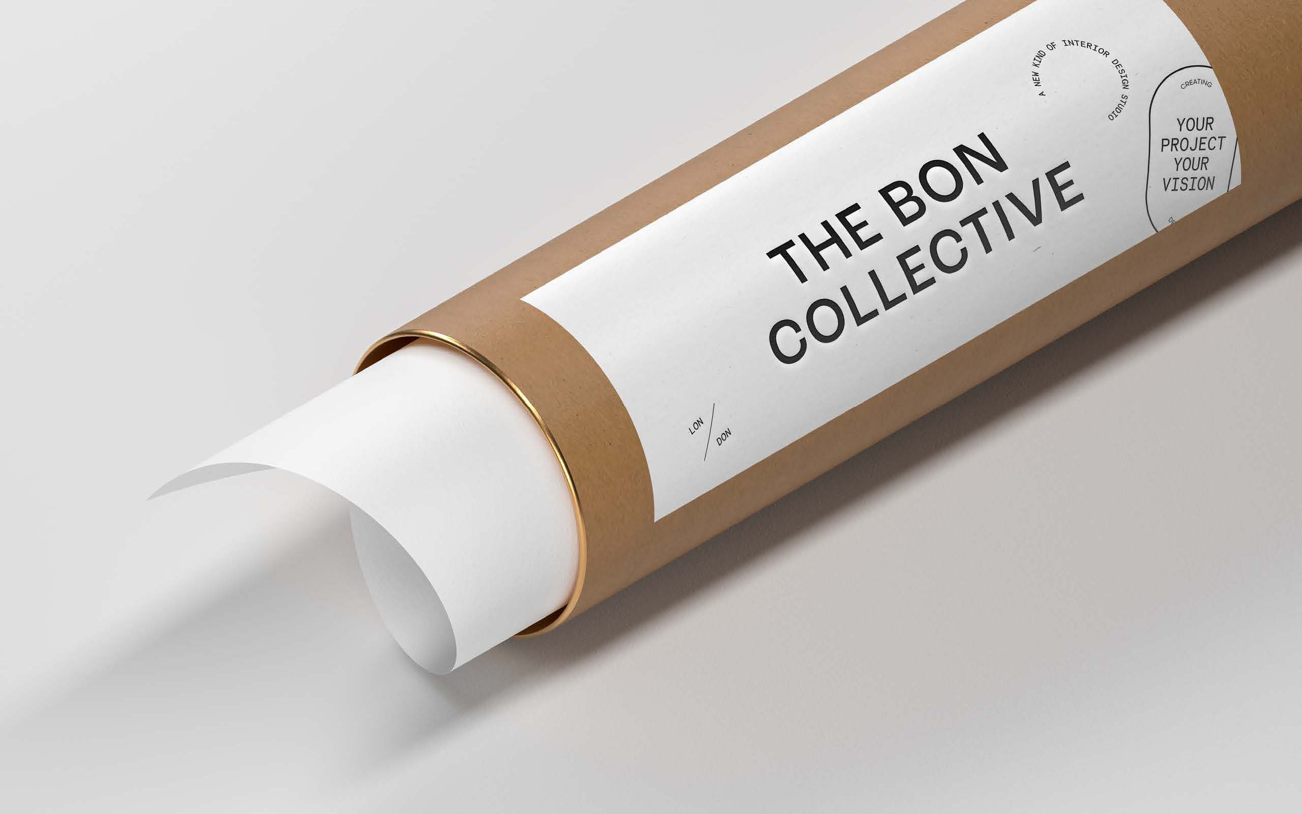 The Bon Collective brand identity applied for a postal tube to share prints. Designed by OAM Design Co.